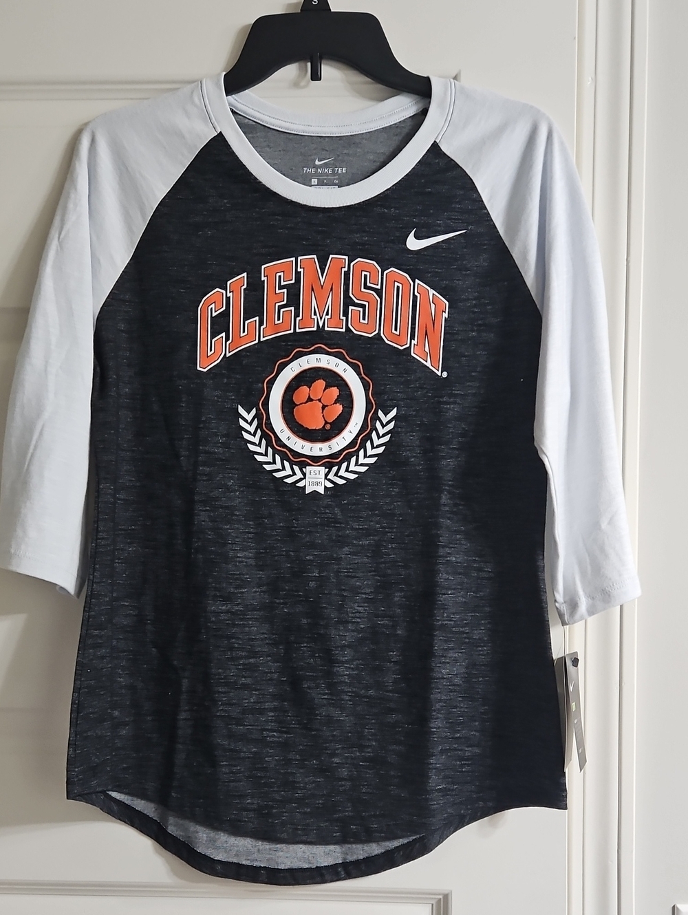 Nike Black and White Raglan Tee with Orange Clemson Logo
